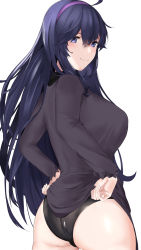 Rule 34 | 1girl, ahoge, alternate breast size, ass, black panties, blue eyes, blush, breasts, carltoonist art, closed mouth, clothes lift, commentary, creatures (company), dress, dress lift, eyelashes, game freak, hair between eyes, hairband, hex maniac (pokemon), highres, large breasts, lifted by self, long hair, long sleeves, looking back, nintendo, panties, pokemon, pokemon xy, purple hairband, shiny skin, smile, solo, underwear, wedgie