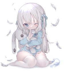 Rule 34 | 1girl, blue eyes, blue shirt, commentary, feathers, hand to own mouth, highres, hug, long hair, mirukutarou, no pants, hugging object, one eye closed, original, ribbon, shirt, silver hair, simple background, solo, stuffed toy, symbol-shaped pupils, thighhighs, thighs, white background, white thighhighs