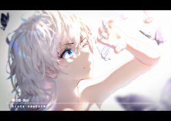 Rule 34 | 1girl, ;), absurdres, arm up, blue eyes, blurry, bug, butterfly, character name, closed mouth, collarbone, commentary request, depth of field, hbb, highres, honkai (series), honkai impact 3rd, insect, kiana kaslana, letterboxed, light, long hair, looking away, looking up, nude, one eye closed, shading eyes, silver hair, smile, solo, v-shaped eyebrows