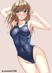 Rule 34 | 1girl, blue eyes, blue one-piece swimsuit, blush, breasts, brown background, collarbone, competition swimsuit, covered navel, embarrassed, gradient background, hair bun, highres, kantai collection, light brown hair, long hair, looking at viewer, medium breasts, mizuki (uzuki no sato), one-piece swimsuit, ranger (kancolle), solo, swimsuit, twitter username