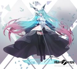 Rule 34 | 1girl, absurdres, aqua eyes, aqua hair, black thighhighs, breasts, detached sleeves, dress, forever 7th capital, full body, gradient hair, grey dress, hair ornament, hatsune miku, highres, long hair, long sleeves, looking at viewer, microphone, microphone stand, multicolored hair, official art, pink hair, scroll, skirt, solo, standing, thighhighs, twintails, two-tone dress, very long hair, vocaloid, watermark, white dress