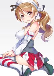Rule 34 | 10s, 1girl, bad id, bad pixiv id, bare shoulders, blush, breasts, brown eyes, brown hair, detached collar, female focus, gradient background, headgear, henet hene, kantai collection, large breasts, littorio (kancolle), looking at viewer, miniskirt, open mouth, ponytail, shirt, sitting, skirt, solo, striped clothes, striped thighhighs, thighhighs, wariza, zettai ryouiki