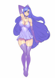 Rule 34 | 1girl, armpits, blue eyes, blue hair, breasts, choker, cleavage, collarbone, crown, dress, elbow gloves, full body, gloves, highres, jewelry, large breasts, long hair, luna (my little pony), maniacpaint, matching hair/eyes, my little pony, my little pony: friendship is magic, pendant, personification, purple gloves, purple thighhighs, short dress, smile, solo, spaghetti strap, thigh gap, thighhighs, very long hair, white background