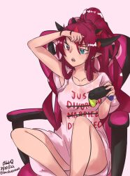 Rule 34 | 1girl, absurdres, arm up, armpits, bachunawa, bare legs, chair, collarbone, controller, dated, english text, game controller, gaming chair, heterochromia, highres, hololive, hololive english, horns, irys (hololive), knees up, long hair, looking at viewer, looking down, multicolored hair, open mouth, pink background, pink hair, ponytail, see-through, shirt, signature, simple background, sitting, sweat, sweaty clothes, swivel chair, t-shirt, two-tone hair, virtual youtuber, wiping forehead, wiping sweat