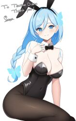 Rule 34 | 1girl, android, animal ears, bare shoulders, blue eyes, blue hair, bow, bowtie, braid, braided ponytail, breasts, butterfly hair ornament, cleavage, commission, detached collar, fake animal ears, hair ornament, highres, indie virtual youtuber, large breasts, leotard, looking at viewer, pantyhose, playboy bunny, rabbit ears, signature, skeb commission, strapless, surippa1010, tsukino diana, virtual youtuber, wrist cuffs