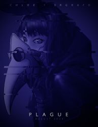 Rule 34 | 1girl, absurdres, borrowed character, capelet, chloe (srgrafo), covered mouth, distortion, english text, eyelashes, fake ad, glitch, gloves, highres, hood, hood down, hooded capelet, looking at viewer, monochrome, movie poster, plague doctor mask, reddit, shidanesayo, short hair, solo