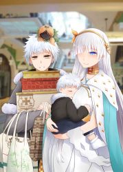Rule 34 | 1girl, 2boys, anastasia (fate), arano oki, bag, bags under eyes, blue cloak, blue eyes, blurry, blurry background, blush, breasts, brown eyes, brown hairband, brown ribbon, carrying, child, cloak, closed mouth, commentary request, depth of field, dress, closed eyes, fate/grand order, fate (series), fur-trimmed jacket, fur trim, gold trim, grey jacket, hair over one eye, hair ribbon, hairband, highres, indoors, jacket, jewelry, kadoc zemlupus, large breasts, long hair, multiple boys, ribbon, ring, shopping bag, silver hair, smile, unmoving pattern, very long hair, wedding band, white dress