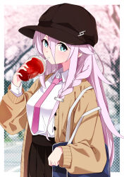 Rule 34 | 1girl, alternate costume, bag, blue eyes, braid, breasts, cevio, cherry blossoms, cowboy shot, cup, drinking straw, drinking straw in mouth, hat, high-waist skirt, highres, holding, holding cup, ia (vocaloid), long hair, long sleeves, medium breasts, mikami jun (haaryan), necktie, pink hair, pink necktie, pleated skirt, school bag, school uniform, single braid, skirt, solo, tree, vocaloid, voiceroid