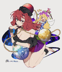 Rule 34 | 2girls, american flag dress, ankle cuffs, bare shoulders, barefoot, black collar, black shirt, blonde hair, breasts, chain, cleavage, clownpiece, collar, fairy wings, hat, hecatia lapislazuli, highres, jester cap, kamenozoki momomo, large breasts, long hair, looking at viewer, moon (ornament), multicolored clothes, multiple girls, off-shoulder shirt, off shoulder, one eye closed, open mouth, polka dot, purple headwear, red eyes, red hair, shirt, simple background, skirt, smile, star (symbol), striped, t-shirt, thighs, touhou, traditional media, twitter username, very long hair, wings, wristband