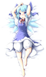 Rule 34 | 1girl, absurdres, bad id, bad pixiv id, barefoot, bloomers, blue eyes, blue hair, cirno, highres, lying, matching hair/eyes, md5 mismatch, short hair, solo, toor 0111, touhou, underwear, wings