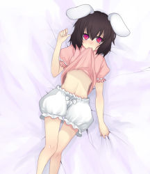 Rule 34 | 1girl, animal ears, bad id, bad pixiv id, bed sheet, black hair, bloomers, bow, clothes lift, female focus, from above, harano, inaba tewi, lying, mouth hold, rabbit ears, red eyes, sheet grab, shirt lift, skirt, skirt lift, solo, tears, touhou, underwear, white bloomers