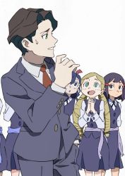 Rule 34 | 10s, 1boy, 5girls, andrew hanbridge, arai hiroki, avery (little witch academia), blair (little witch academia), blonde hair, blue hair, brown hair, drill hair, formal, green eyes, hair ornament, hairclip, highres, little witch academia, luna nova school uniform, mary (little witch academia), multiple girls, own hands clasped, own hands together, purple eyes, purple hair, school uniform, smile, solid oval eyes, suit, sweatdrop, twin drills, white background