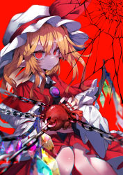 Rule 34 | 1girl, absurdres, black neckerchief, blonde hair, blouse, brooch, chain, closed mouth, collared shirt, commentary, cowboy shot, crack, crystal, fingernails, flandre scarlet, hair between eyes, hat, hat ribbon, heart (organ), highres, holding organ, jewelry, long hair, long sleeves, looking at viewer, mob cap, muraryo, nail polish, neckerchief, pointy ears, red background, red eyes, red nails, red ribbon, red skirt, red vest, ribbon, shirt, simple background, skirt, smile, solo, touhou, vest, white hat, white shirt, wide sleeves, wings