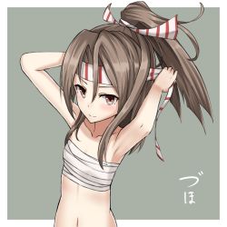 Rule 34 | 10s, 1girl, armpits, bare shoulders, blush, brown eyes, brown hair, collarbone, flat chest, hachimaki, headband, high ponytail, kantai collection, looking at viewer, navel, ponytail, sarashi, smile, solo, upper body, yakob labo, zuihou (kancolle)