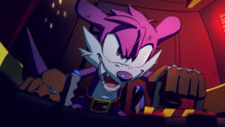 Rule 34 | 1boy, belt buckle, brown gloves, buckle, fang, fang the sniper, furry, furry male, gloves, joeadok, lever, male focus, messy hair, open mouth, purple eyes, scratches, solo, sonic (series), tail