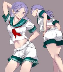 Rule 34 | 1girl, arm up, bare legs, chamaruk, closed mouth, commentary request, copyright request, cosplay, crop top, crop top overhang, forehead, green sailor collar, grey background, hand on own hip, high-waist shorts, kneepits, kumoi ichirin, light purple hair, long hair, looking at viewer, multiple views, murasa minamitsu, murasa minamitsu (cosplay), navel, neckerchief, no eyes, purple eyes, red neckerchief, sailor collar, shirt, short sleeves, shorts, side slit, sideways mouth, simple background, sketch, smile, stomach, touhou, triple horizontal stripe, tsurime, white shirt, white shorts, widow&#039;s peak