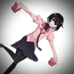 Rule 34 | 1girl, :d, black eyes, black hair, black necktie, black pantyhose, black skirt, black undershirt, blurry, blurry background, bob cut, breasts, brown footwear, commentary, depth of field, dress shirt, dutch angle, empty eyes, floating neckwear, foot up, gradient background, grey background, hair between eyes, hair over one eye, highres, kokatsu, loafers, long bangs, long sleeves, looking at viewer, monogatari (series), naoetsu high school uniform, necktie, open mouth, oshino ougi, outstretched arms, pale skin, pantyhose, pink shirt, pleated skirt, puffy sleeves, school uniform, shirt, shoes, short hair, skirt, sleeves past fingers, sleeves past wrists, small breasts, smile, solo, standing, standing on one leg, turtleneck, very long sleeves, vignetting, white background