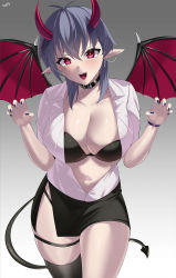 Rule 34 | 1girl, absurdres, breasts, choker, claw pose, demon girl, demon tail, demon wings, earrings, hair between eyes, highres, horns, jewelry, kurozawa yui, large breasts, leaning forward, looking at viewer, medium hair, nail polish, navel, open clothes, open shirt, purple hair, red eyes, sharp teeth, shirt, side slit, single thighhigh, skindentation, solo, tail, teeth, thigh strap, thighhighs, white shirt, wings