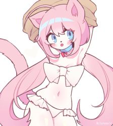 Rule 34 | 1girl, ahoge, aliceyawnin, animal ears, armpits, arms up, bare shoulders, bikini, blue eyes, blush, breasts, brown shirt, cat ears, cat tail, cleavage, closed mouth, collar, cowboy shot, female focus, frilled bikini, frills, furry, furry female, heart, heart collar, long hair, looking to the side, medium breasts, navel, original, pink hair, shiny skin, shirt, sidelocks, simple background, solo, standing, stomach, strapless, strapless bikini, swimsuit, tail, tongue, tongue out, twintails, undressing, very long hair, white background, white bikini