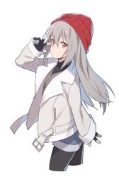 Rule 34 | 1girl, beanie, black gloves, black pantyhose, black shirt, closed mouth, closers, collared shirt, cropped legs, expressionless, from side, gloves, grey hair, hair between eyes, hat, highres, jacket, long hair, looking at viewer, open clothes, open jacket, pantyhose, red eyes, shirt, shorts, simple background, solo, supernew, tina (closers), v, vest, white background