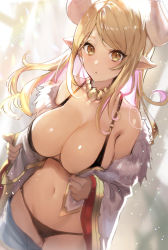 Rule 34 | 1girl, backlighting, bad id, bad twitter id, bare shoulders, bikini, bikini under clothes, black bikini, blonde hair, blue shorts, blush, breasts, brown eyes, cleavage, collarbone, dark-skinned female, dark skin, doushite, draph, fur trim, granblue fantasy, highres, japanese clothes, jewelry, kimono, kumbhira (granblue fantasy), large breasts, light rays, long hair, long sleeves, looking at viewer, multicolored hair, navel, necklace, open clothes, open kimono, open mouth, pink hair, pointy ears, short shorts, shorts, solo, swimsuit, thighs, two-tone hair, white kimono, wide sleeves