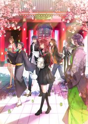 Rule 34 | 3boys, 4girls, :d, :o, architecture, ayatoki-1, bad id, bad pixiv id, black footwear, black hair, black jacket, black skirt, black socks, brown hair, cherry blossoms, closed eyes, copyright request, day, denim, east asian architecture, formal, geta, hair bun, hairband, headband, highres, holding, holding paper, holding stuffed toy, horns, jacket, japanese clothes, jeans, jewelry, kappa, katana, kneehighs, long hair, long legs, looking at another, multiple boys, multiple girls, necklace, official art, open mouth, orange eyes, orange hairband, orange shirt, outdoors, pants, paper, petals, pink eyes, pink jacket, purple hair, red eyes, sandals, school uniform, serafuku, shirt, shoes, short hair, silver hair, single hair bun, single horn, skirt, smile, socks, standing, stuffed animal, stuffed penguin, stuffed toy, suit, sword, t-shirt, weapon, white legwear, wide sleeves
