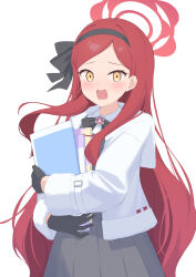 Rule 34 | 1girl, absurdres, blue archive, blush, commentary request, forehead, gloves, halo, headband, highres, hotarihotaru, long hair, looking at viewer, notebook, open mouth, partial commentary, red hair, ribbon, school uniform, simple background, solo, surprised, takane (blue archive), white background, winter uniform, yellow eyes