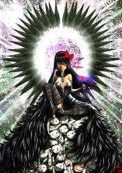 Rule 34 | 10s, 1girl, akemi homura, akuma homura, argyle, argyle clothes, argyle legwear, bad id, bad pixiv id, bare shoulders, black gloves, black hair, black wings, bow, choker, corpse, death, dress, elbow gloves, evil smile, feathered wings, feathers, flower, full body, gloves, hair bow, halo, high heels, highres, jewelry, kaijin fukufuku, kyubey, long hair, looking at viewer, mahou shoujo madoka magica, mahou shoujo madoka magica: hangyaku no monogatari, parted lips, pointy ears, purple eyes, ring, shaded face, sitting, smile, spider lily, spoilers, thighhighs, wings, zettai ryouiki