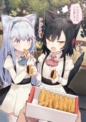 Rule 34 | + +, 1boy, 2girls, animal ears, apron, ascot, black hair, black skirt, blue ascot, blue eyes, blue hair, brown eyes, cat ears, cat girl, cat tail, collared shirt, commentary request, dress shirt, eating, fang, food, hair between eyes, holding, holding food, juliet sleeves, long hair, long sleeves, looking at viewer, multiple girls, open mouth, original, pink ascot, puffy sleeves, shirt, skirt, sparkle, standing, suspender skirt, suspenders, tail, taiyaki, thighhighs, tokuno yuika, translation request, very long hair, wagashi, waist apron, white apron, white legwear, white shirt