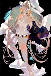 Rule 34 | 1girl, abigail williams (fate), abigail williams (swimsuit foreigner) (fate), abigail williams (swimsuit foreigner) (second ascension) (fate), absurdres, bare shoulders, barefoot, black background, black jacket, blonde hair, blue eyes, braid, braided bun, double bun, dress swimsuit, expressionless, fate/grand order, fate (series), flat chest, full body, hair bun, hat, highres, jacket, keyhole, long hair, looking at viewer, mitre, nasubi illust, one-piece swimsuit, parted bangs, solo, swimsuit, unworn clothes, very long hair, white hat, white one-piece swimsuit