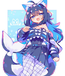 Rule 34 | 1girl, absurdres, ahoge, animal costume, animal ear fluff, animal ears, artist logo, artist name, black hair, blue eyes, blush, border, breasts, cat ears, cat girl, cleavage, colored inner hair, fang, feet out of frame, fins, fish tail, fishnet pantyhose, fishnets, front zipper, hair intakes, highres, medium breasts, multicolored hair, narrowed eyes, original, pantyhose, pleated skirt, shark costume, shark girl, shark print, shark tail, skirt, small breasts, tail, two-sided fabric, two-sided skirt, uenomigi, white border, white pantyhose, zipper pull tab