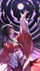 Rule 34 | 1girl, arm up, black hair, bow, dress, enoki 3106, from side, full moon, highres, hime cut, houraisan kaguya, large bow, long hair, long sleeves, moon, night, night sky, pink dress, reaching, sketch, sky, solo, touhou, white bow