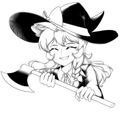Rule 34 | 1girl, axe, bow, braid, closed eyes, commentary, english commentary, frilled hat, frills, giantcavemushroom, greyscale, hair bow, hat, hat bow, high contrast, highres, holding, holding axe, kirisame marisa, long hair, monochrome, side braid, simple background, single braid, smile, solo, touhou, upper body, witch hat