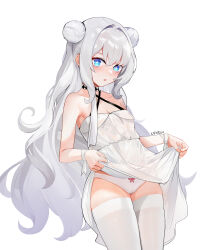 Rule 34 | 1girl, absurdres, artist name, azur lane, bags under eyes, bare shoulders, blush, bow, bow panties, breasts, cameltoe, chinese commentary, choker, cleavage, clothes lift, collarbone, commentary request, criss-cross halter, cross-shaped pupils, crossed bangs, double bun, dress, dress lift, grey hair, hair between eyes, hair bun, halterneck, highres, le malin (azur lane), le malin (sleepy sunday) (azur lane), lifting own clothes, looking at viewer, official alternate costume, panties, parted lips, red bow, ribbon, signature, simple background, skindentation, small breasts, solo, symbol-shaped pupils, thighhighs, thighs, underwear, white background, white dress, white panties, white ribbon, white thighhighs, wrist ribbon, xnnagu