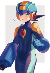 Rule 34 | 1boy, arm cannon, black hair, blue bodysuit, blue headwear, blurry, blush, bodysuit, border, closed mouth, commentary request, covered collarbone, covered navel, cowboy shot, depth of field, green eyes, grey background, happy, helmet, highres, looking at viewer, male focus, mega man (series), mega man battle network (series), megaman.exe, outside border, short hair, simple background, smile, solo, spiked hair, standing, translation request, twitter username, weapon, white border, zero-go