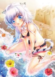 Rule 34 | 1girl, :d, animal ears, barefoot, beach, between legs, bikini, black bikini, blue eyes, blush, breasts, cat ears, cat tail, choker, collarbone, commentary request, day, flower, full body, hand between legs, highres, lens flare, long hair, navel, open mouth, original, outdoors, ribbon, ribbon choker, sand castle, sand sculpture, shell, silver hair, sitting, small breasts, smile, solo, starfish, striped tail, sunlight, swimsuit, tail, tiger ears, tiger tail, tsurugi hikaru, very long hair, wariza, water, white ribbon