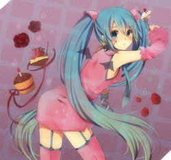 Rule 34 | 1girl, amputee, aqua eyes, aqua hair, bad id, bad pixiv id, bat wings, cake, chizu (fiute), detached sleeves, fiute, food, fork, garter straps, hatsune miku, long hair, necktie, solo, sweets, thighhighs, twintails, very long hair, vocaloid, wings