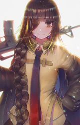 Rule 34 | 1girl, assault rifle, backlighting, bad id, bad twitter id, black hair, black necktie, blonde hair, blush, braid, brown hair, brown shirt, chromatic aberration, closed mouth, collared shirt, confetti, eyepatch, girls&#039; frontline, gloves, gradient neckwear, gun, hair over shoulder, hanato (seonoaiko), hand on own hip, headphones, headphones around neck, highres, holding, holding gun, holding weapon, jacket, long hair, looking at viewer, m16, m16a1, m16a1 (girls&#039; frontline), mole, mole under eye, multicolored hair, necktie, off shoulder, red necktie, rifle, scar, scar across eye, scar on face, shirt, simple background, skirt, smile, solo, sparkle, streaked hair, upper body, weapon
