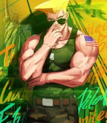 Rule 34 | 1boy, aircraft, airplane, american flag, aviator sunglasses, bara, belt, blonde hair, blue eyes, camouflage, camouflage pants, dog tags, guile, jet, male focus, muscular, muscular male, pants, pectoral cleavage, pectorals, singlet, solo, statue of liberty, street fighter, sunglasses, tank top, tattoo