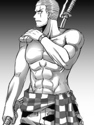 Rule 34 | 1boy, abs, clothes around waist, facial hair, gradient background, greyscale, holding, holding sword, holding weapon, male focus, monochrome, muscular, original, scar, scar across eye, scar on face, shaved head, shirt, shirt around waist, shorts, solo, songwut ouppakarndee, sword, topless male, watch, weapon, wristwatch
