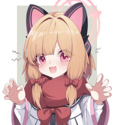 Rule 34 | 1girl, animal ear headphones, animal ears, blonde hair, blue archive, blush, bow, fake animal ears, fuyu no usagi, hair bow, halo, headphones, highres, jacket, long sleeves, looking at viewer, momoi (blue archive), open mouth, pink halo, red bow, red eyes, red scarf, scarf, short hair, smile, solo, upper body, white jacket, wide sleeves