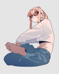 Rule 34 | 1girl, absurdres, barefoot, black choker, blonde hair, blue eyes, choker, crop top, crop top overhang, cropped sweater, crossed legs, denim, from side, full body, half lotus position, hands on own legs, highres, jeans, midriff, navel, original, ozorano megane, pants, ponytail, sidelocks, soles, solo, sweater, toes, white background, white sweater