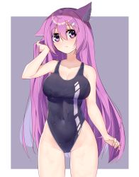Rule 34 | 1girl, :3, animal ears, black one-piece swimsuit, border, breasts, cat ears, collarbone, competition swimsuit, covered navel, ddt (darktrident), facing viewer, grey background, hair ornament, hairclip, highleg, highleg swimsuit, highres, large breasts, long hair, medium breasts, one-piece swimsuit, original, purple eyes, purple hair, solo, standing, swimsuit, two-tone background, white border