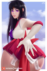 Rule 34 | 1girl, ass, bent over, bishoujo senshi sailor moon, black hair, bow, charm (object), earrings, gloves, hand on own ass, highres, hino rei, jewelry, lips, looking at viewer, looking back, miniskirt, ofuda, parted lips, pleated skirt, prywinko, purple eyes, sailor, sailor mars, school, skirt, uniform
