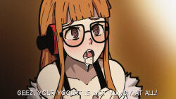 Rule 34 | 1boy, 1girl, absurdres, after fellatio, behind-the-head headphones, blunt bangs, blush, commentary, cum, cum in mouth, cumdrip, english commentary, english text, fur trim, glasses, gradient background, headphones, highres, long hair, mark gavatino, open mouth, orange hair, persona, persona 5, purple eyes, sakura futaba, simple background, tearing up, tricked into sex, underwear