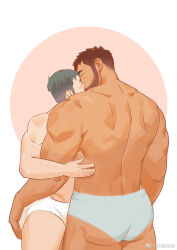 Rule 34 | 2boys, ass, bara, beard, briefs, brown hair, couple, dark-skinned male, dark skin, facial hair, facial scar, feet out of frame, from behind, highres, hug, interracial, kiss, long sideburns, male focus, male underwear, multiple boys, muscular, muscular male, original, rouyuan shiqi (ro seventeen), scar, scar on cheek, scar on face, short hair, sideburns, size difference, standing, thick eyebrows, thick thighs, thighs, topless male, underwear, white male underwear, yaoi
