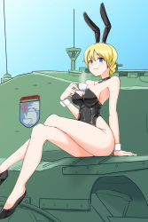 Rule 34 | 1girl, absurdres, animal ears, bare shoulders, black choker, black footwear, black leotard, blonde hair, blue eyes, braid, breasts, choker, churchill (tank), closed mouth, commentary, covered navel, crossed legs, cup, darjeeling (girls und panzer), emblem, fake animal ears, girls und panzer, heart, heart choker, high heels, highres, holding, holding cup, legs, leotard, looking at viewer, medium breasts, military, military vehicle, motor vehicle, no legwear, nyang-kaz, on vehicle, playboy bunny, rabbit ears, short hair, sitting, smile, solo, st. gloriana&#039;s (emblem), strapless, strapless leotard, stream, tank, teacup, thighs, twin braids, wrist cuffs