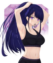 Rule 34 | 1girl, aikuroalter, alternate costume, alternate hairstyle, armpits, arms up, artist name, bare arms, bare shoulders, blue hair, breasts, cleavage, collarbone, commentary request, crop top, genshin impact, hair tie in mouth, highres, large breasts, looking at viewer, midriff, mole, mole under eye, mouth hold, navel, ponytail, purple eyes, raiden shogun, solo, sports bra, stomach, twitter username, tying hair, upper body