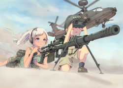 Rule 34 | 2girls, agm-114 hellfire, air-to-surface missile, aircraft, airplane, anti-tank guided missile, anti-tank missile, binoculars, blue eyes, blush, call of duty, call of duty: modern warfare 2, female focus, gun, hat, helicopter, highres, kneeling, lying, military, military uniform, multiple girls, nep (nep 76), on stomach, outdoors, ponytail, pouch, precision-guided munition, rifle, serious, shell casing, shoes, shorts, sniper rifle, surface-to-surface missile, tank top, uniform, weapon, white hair