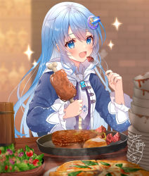 Rule 34 | 1girl, blue eyes, blue hair, bread, brick wall, commission, cup, eating, food, fork, holding, holding food, indoors, long hair, long sleeves, meat, messy, original, pizza, plate, restaurant, salad, serino itsuki, skeb commission, star (symbol), table, wooden table